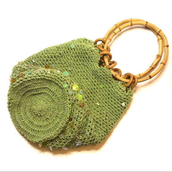 Cappelli Purse Green Crocheted Bag Boho Chic Round Rattan Handle - Picture 3 of 8